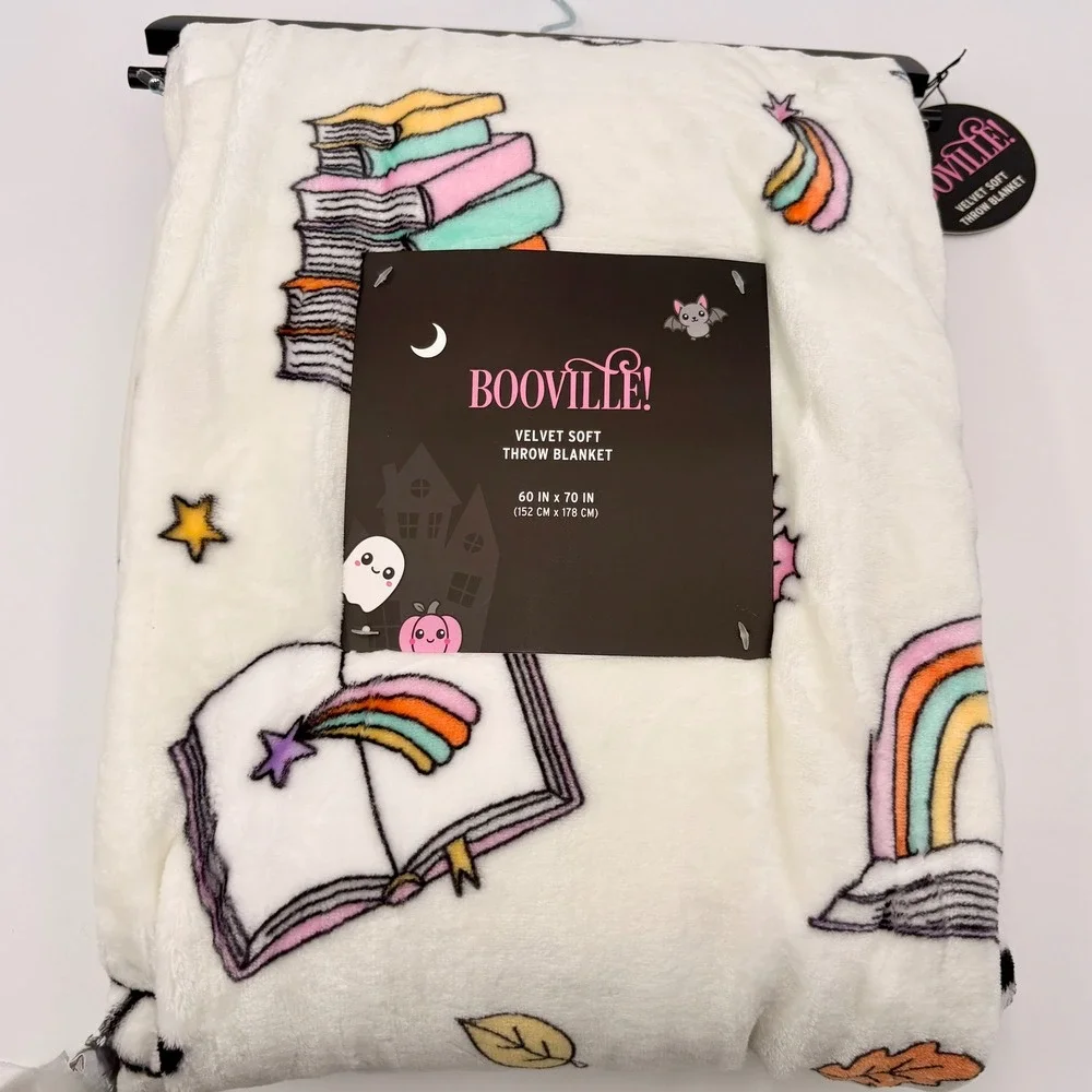 Booville! Halloween Velvet Soft Throw Blanket Ghost Bookworm Rainbow Bibliophile